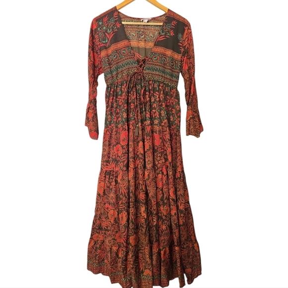 Chaudry | Renaissance Red Floral Boho Maxi Dress | Tiered Flutter Sleeve L - Picture 8 of 8